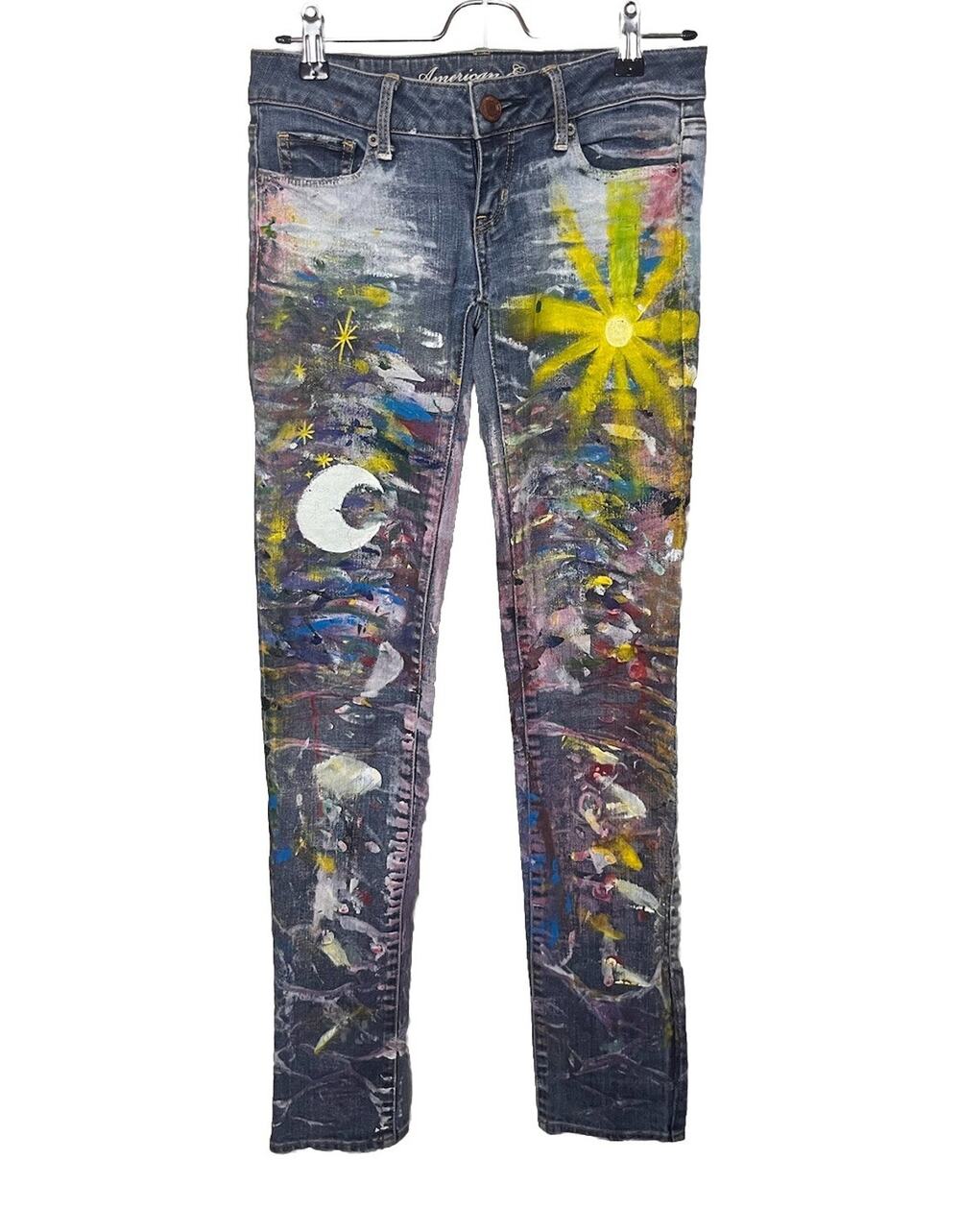 American Eagle Hand Painted Low Rise Skinny Jeans Women’s Sz 00 Upcycled